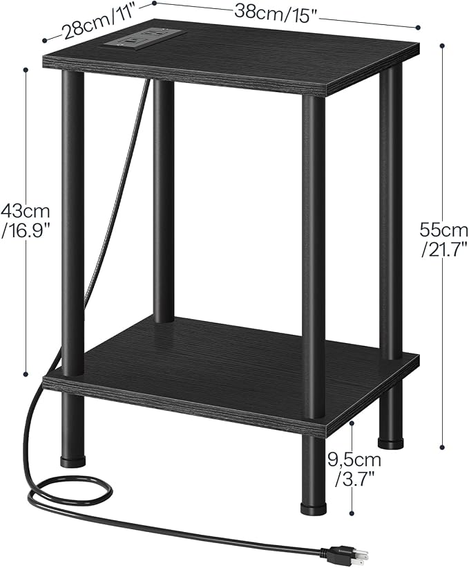 HOOBRO Side Table with Charging Station, Set of 2 End Tables with USB Port and Outlets, Nightstand with 2-Layer Storage Shelves for Small Spaces, Living Room, Bedroom, Black BK09UBZP201