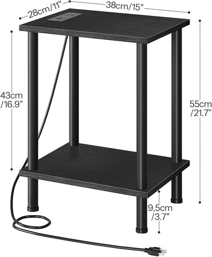 HOOBRO Side Table with Charging Station, Set of 2 End Tables with USB Port and Outlets, Nightstand with 2-Layer Storage Shelves for Small Spaces, Living Room, Bedroom, Black BK09UBZP201
