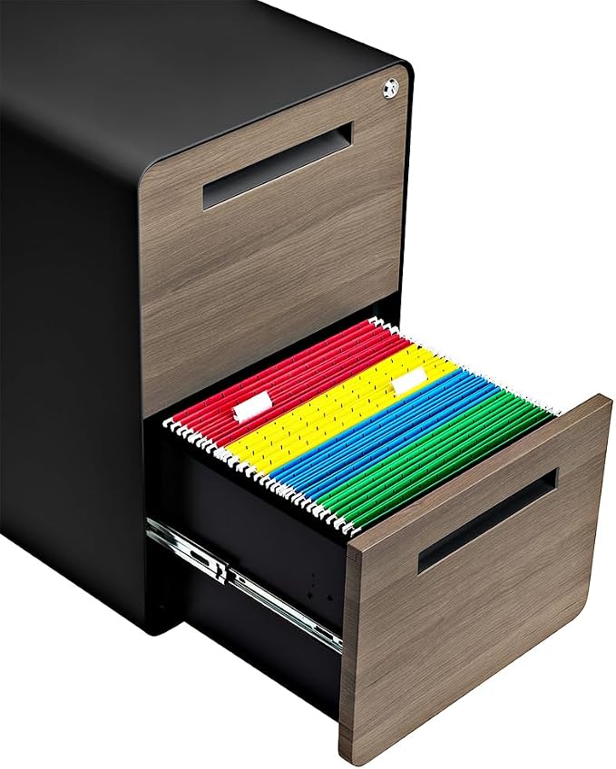 Laura Davidson Furniture Stockpile 2 Drawer Mobile File Cabinet with Lock - Under Desk Metal Filing Cabinet, Legal/Letter File Folders, Wheels and Stationary Feet, Pre-Assembled, Black/Wood