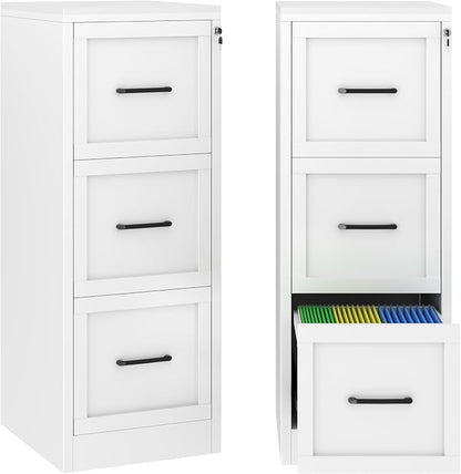 Small Metal 3-Drawer File Cabinet, Under-Desk Filing Cabinet, White | Locking, Adjustable Hanging Rail, Fit A4, FC, Letter, Hanging File Folders for Home Office Storage Organization, 2PS