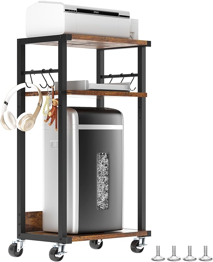 YMYNY Mobile Printer Stand, 3-Tier Printer Cart with Adjustable Storage Shelf and 6 S-Hooks, Tall Printer Table for Home Office, for Computer Tower Stand, Shredder, CPU Stand, Rustic Brown, UHPT002H