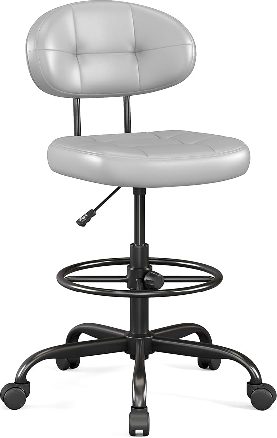 Misolant Drafting Chair, Armless Tall Office Chair with Footrest Ring for Standing Desk, Small Faux Leather Executive Computer Chair with Adjustable Height for Bar Lab Counter Height Desk, Gray