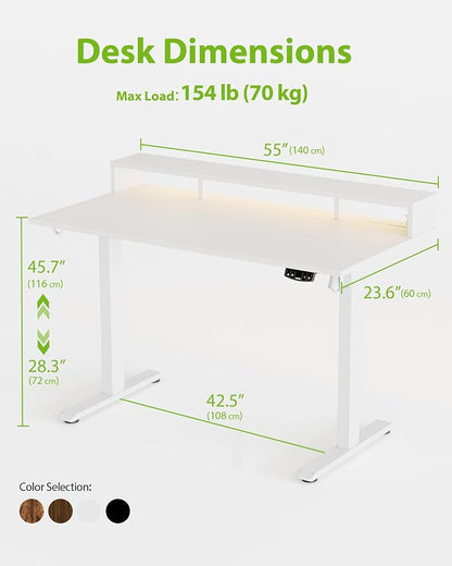 Agilestic 55 x 24 Inch Electric Standing Desk with Shelf, Height Adjustable Desk with Power Outlets & LED, Sit Stand Up Table with Monitor Stand, Computer Workstation, White