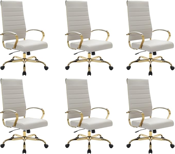 LeisureMod Modern High-Back Leather Office Chair - Swivel & Adjustable Executive Desk Chair with Gold Frame, Ergonomic Design for Home & Office (Tan, Set of 6)