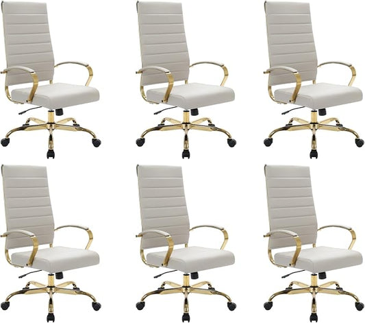 LeisureMod Modern High-Back Leather Office Chair - Swivel & Adjustable Executive Desk Chair with Gold Frame, Ergonomic Design for Home & Office (Tan, Set of 6)