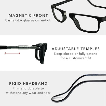 Clic Magnetic Reading Glasses - Adjustable Neck Hanging Readers - Secure Fit with Rigid Headband - Original (S-M, Clear, 1.50)