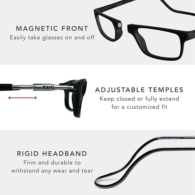 Clic Magnetic Reading Glasses - Adjustable Neck Hanging Readers - Secure Fit with Rigid Headband - Original (S-M, Clear, 1.75)