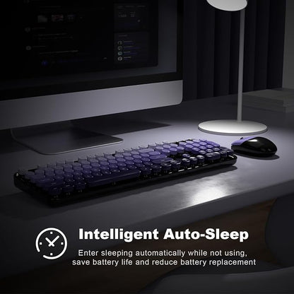 MOFII Wireless Keyboard and Mouse Combo, Full Size 2.4G Plug and Play Typewriter Retro Round Computer Keyboard and Mouse Set for Windows, Computer, Desktop, PC, Notebook - (Black Purple Gradient)