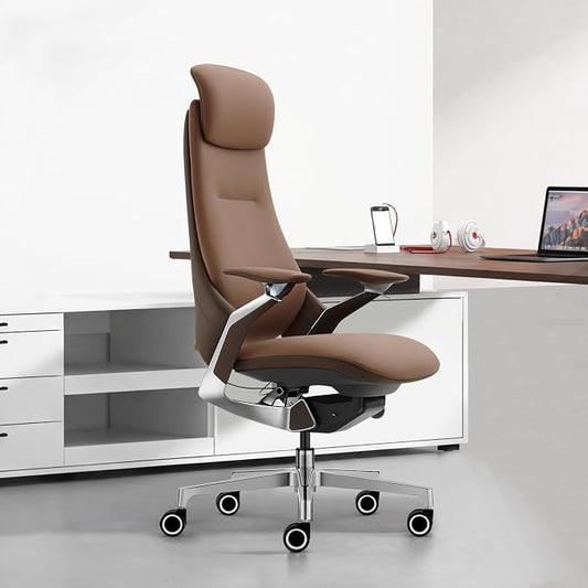 Ergonomic Executive Leather Office Chair-High Back Top Grain Leather with Adjustable Headrest, 3-Position Recline (90°-135°), Tension Control & Height Adjustment, Italian DONATI Base