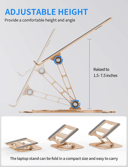 AOEVI Adjustable Laptop Stand with 360 Rotating Base, Computer Stand for Laptop Ergonimic Foldable Laptop Riser for Desk Compatible with MacBook Pro/Air Notebook up to 16 Inches, Gold