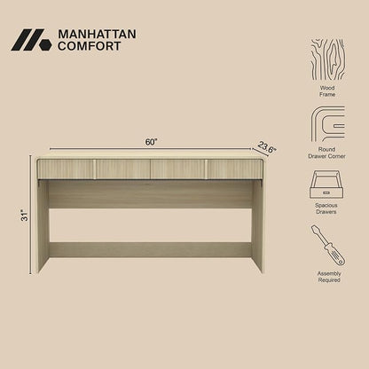 Manhattan Comfort Novara Modern 60" Writing Desk with 2 Smooth-Glide Drawers with Fluted Fronts, Office Desk with Large Work Surface, Stylish Rounded Edges, Whitewashed Oak