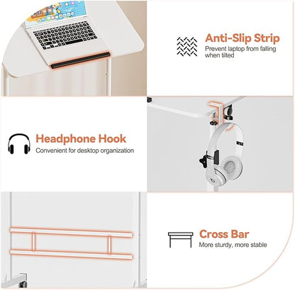 32 Inch Rolling Standing Desk Adjustable Height, Small Mobile Laptop Stand Up Table with Tiltable Tabletop & Lockable Wheel, Portable Workstations for Home Office & Walking Pad Treadmill, White