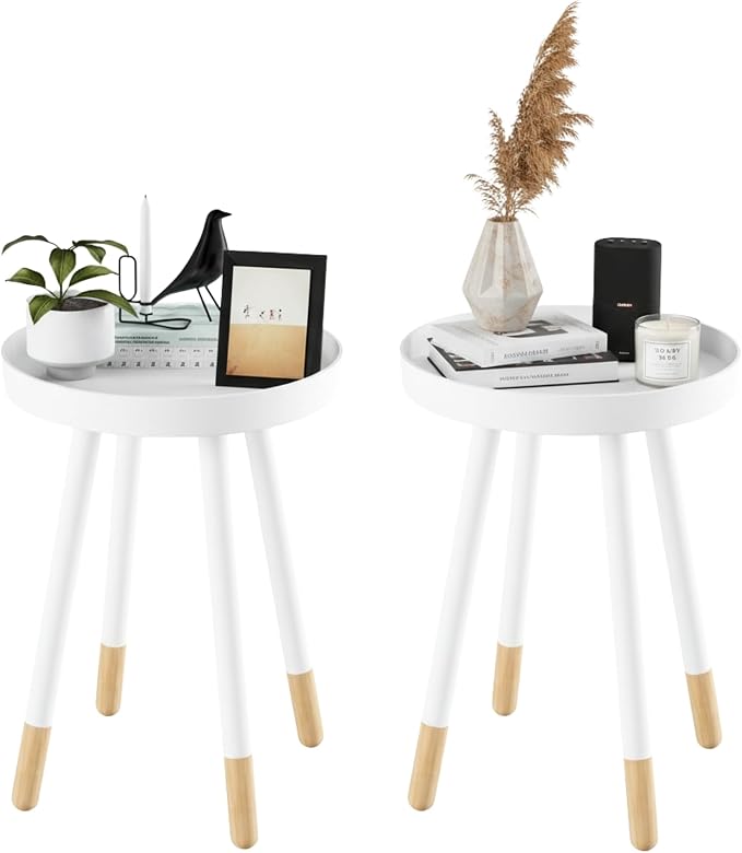 Lavish Home Round End Table Set of 2 – 17 Inch Small Round Side Table Set with Tray Tops and Color-Block Spindle Legs – Wooden Mid Century Modern Living Room Furniture (White)