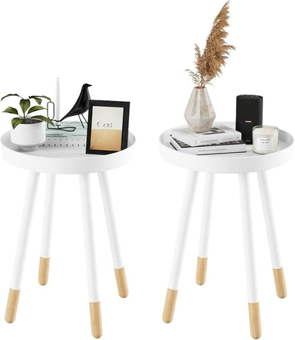 Lavish Home Round End Table Set of 2 – 17 Inch Small Round Side Table Set with Tray Tops and Color-Block Spindle Legs – Wooden Mid Century Modern Living Room Furniture (White)