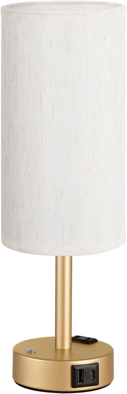 Touch Bedside Table Lamp with Memory - Stepless Dimmable Lamp for Bedroom, Small Nightstand Lamp with Dual USB Charging Ports and AC Outlet, Wood Night Light, Desk Lamp for Nursery (Cream & Gold)