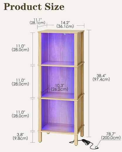 Bookshelf with LED Lights, Modern 3-Tier Bookcase, Open Storage Book Shelf, 11 × 14.2 × 38.9 Inches, Small Narrow Bookshelves for Living Room, Home Office, Bedroom, Natural
