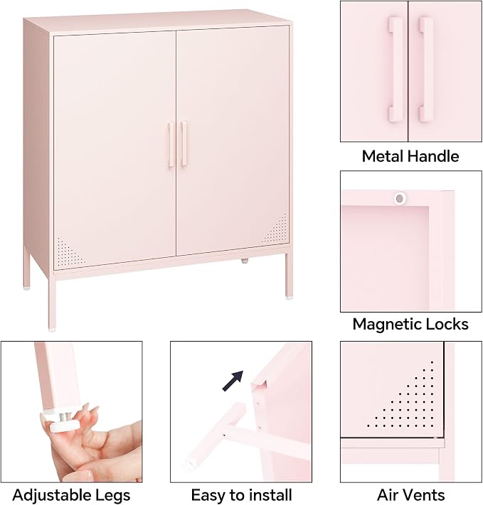 Steehoom Metal Storage Cabinet with 2 Doors, Steel Buffet Sideboard Entryway Locker Cabinet Kitchen Cupboard for Garage, Dining Room, Kitchen, Office, Bar (Pink, 31.5" D x 15.75" W x 35.43" H)