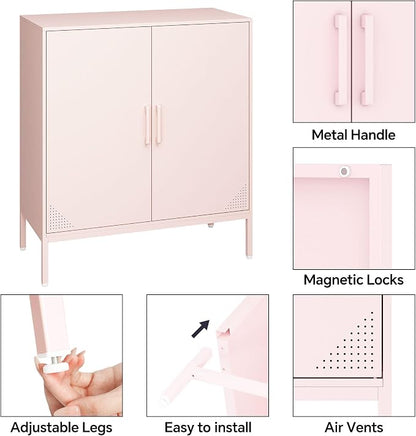 Steehoom Metal Storage Cabinet with 2 Doors, Steel Buffet Sideboard Entryway Locker Cabinet Kitchen Cupboard for Garage, Dining Room, Kitchen, Office, Bar (Pink, 31.5" D x 15.75" W x 35.43" H)