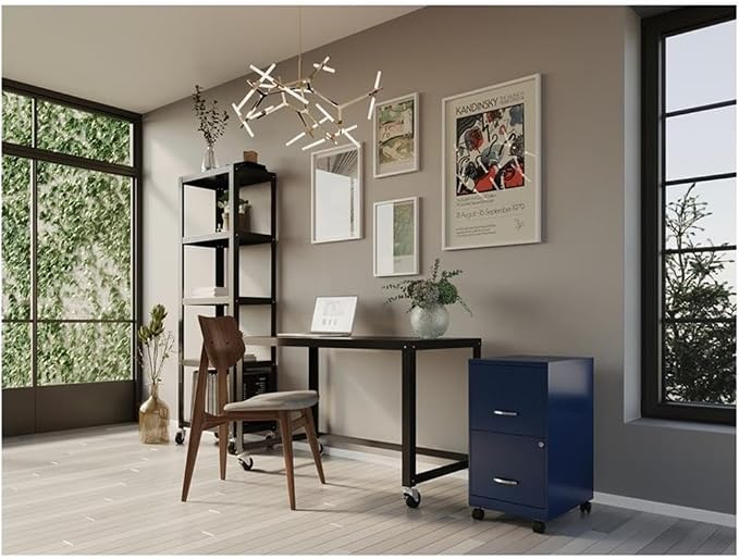 Pemberly Row 18" 2-Drawer Mobile Metal Filing Cabinet, Navy Finish, Painted Steel, Lockable High-Side Drawers, Smooth Glide Wheels, Compact Vertical Design for Home or Office Organization