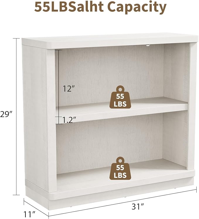 Rresyet 2 -Tier Bookcase, 31" Tall Book Shelf, 29” Wide Bookshelves, Wooden Bookcase Display Storage for Home Office, Living Room and Study Room (White)