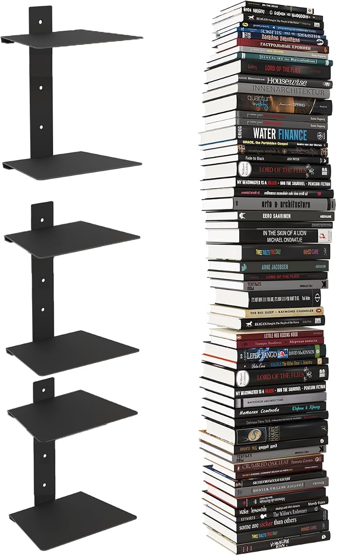 Wawocs Invisible Bookshelves for Wall, 6 Tier Floating Bookshelf Made of Heavy Duty Metal, Vertical Spine Book Tower Hanging Wall Bookshelf, Floating Book Shelves for Wall, 3 Pack Black