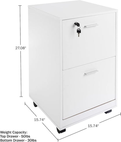 Lavish Home File Cabinet - 2-Drawer Cabinet with Lock and Deep Drawer Storage - Rolling Filing Cabinet for Under The Desk, Home, or Office (White)