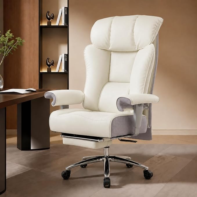 Efomao Big and Tall Executive Office Chair 450lbs,White | 5.9" Thick Pocket Spring Cushion, Reclining Breathable PU Leather Desk Chair with Foot Rest, Soft Comfortable Support