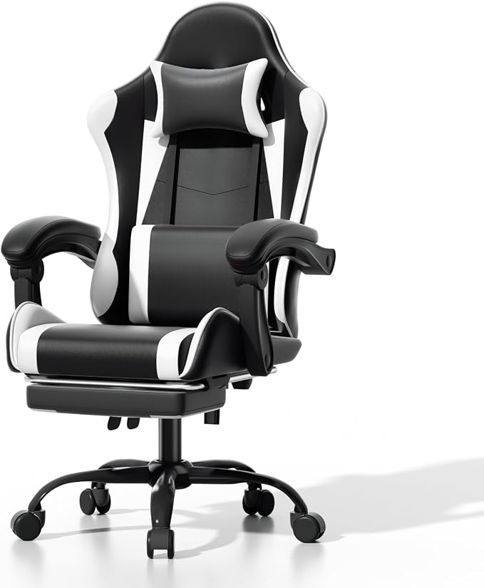 Athena Collection Ergonomic Gaming Chair with Footrest & Headrest Lumbar Support, Height Adjustable Swivel Office Chair Reclining Game Chair High Back Computer Chair for Adults, White