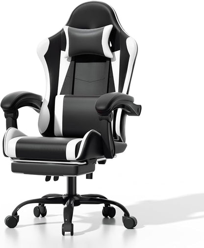 Athena Collection Ergonomic Gaming Chair with Footrest & Headrest Lumbar Support, Height Adjustable Swivel Office Chair Reclining Game Chair High Back Computer Chair for Adults, White