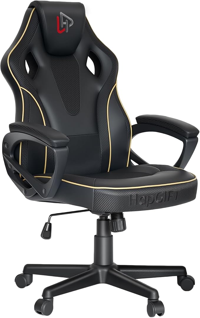 HapGIFT Gaming Chair, Ergonomic Computer Gaming Chairs with Link Armrest, PU Leather Video Game Chairs for Adults Teens, Height Adujustable Racing Style PC Chair for Home, 300LBS (BLACK)