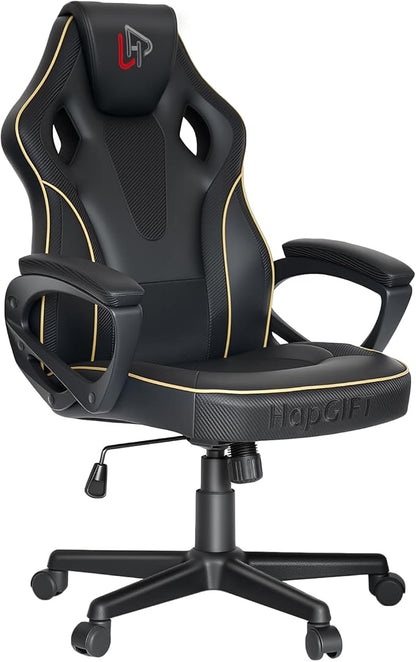 HapGIFT Gaming Chair, Ergonomic Computer Gaming Chairs with Link Armrest, PU Leather Video Game Chairs for Adults Teens, Height Adujustable Racing Style PC Chair for Home, 300LBS (BLACK)
