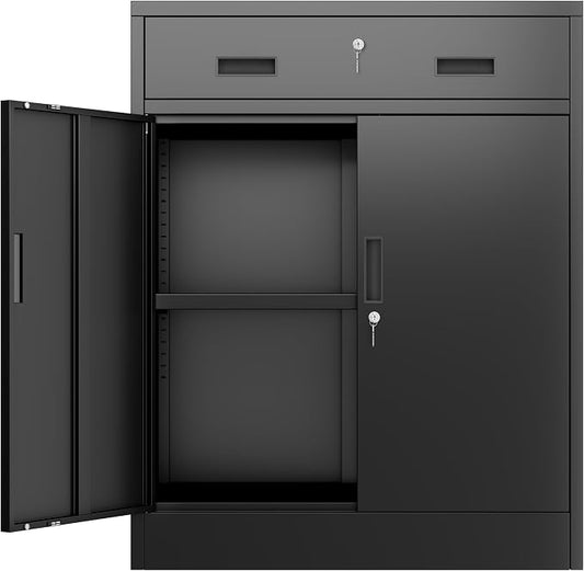 BESFUR Metal Storage Cabinet, Garage Storage Cabinet with One Drawer and Adjustable Shelf, Locking Short Storage Cabinet for Office Garage Home, Black Metal Cabinets(36" H x 27.5" W x 16" D)