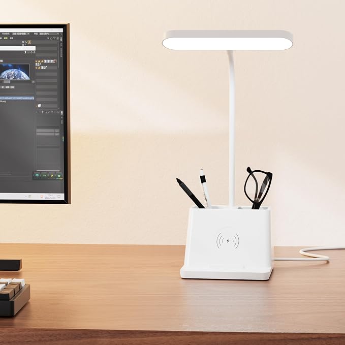 AXX 18 in Desk Lamp with Fast Wireless Charger for College Dorm Room, Adjustable LED Table Light for Home Office, White, Small, Cute