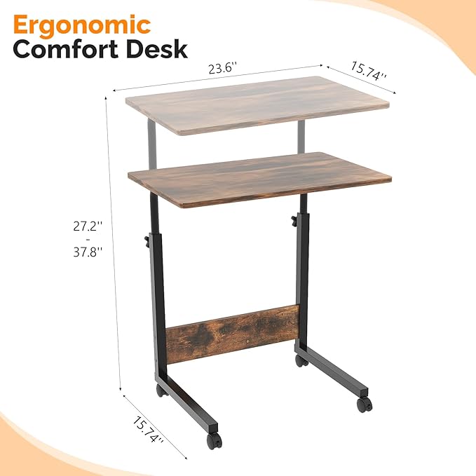 VINGLI Portable Computer Workstation, Standing Desk Adjustable Height, Small Computer Desk w/Rolling, Sit Stand Laptop Desk TV Tray for Bed Sofa Hospital Reading Eating, Brown, 23.6"