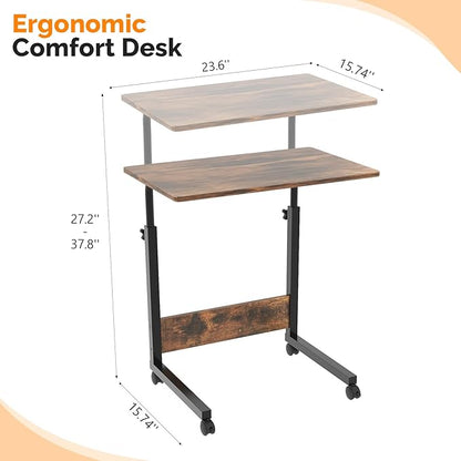 VINGLI Portable Computer Workstation, Standing Desk Adjustable Height, Small Computer Desk w/Rolling, Sit Stand Laptop Desk TV Tray for Bed Sofa Hospital Reading Eating, Brown, 23.6"