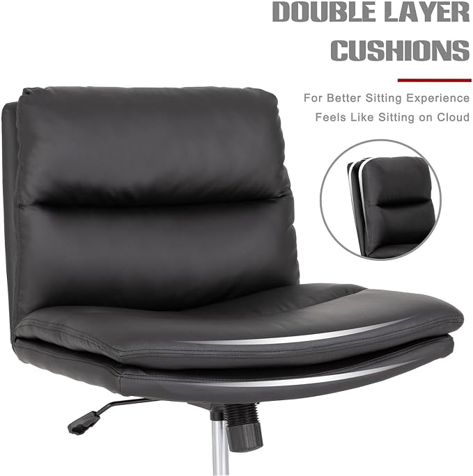 Okeysen Criss Cross Chair with Wheels, Armless Wide Seat Cross Legged Comfy Office Desk Chair, PU Leather Height Adjustable Swivel Computer Task Chairs for Home, Office, Vanity, Black