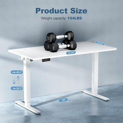 DUMOS 48 Inch Electric Standing Desk Height Adjustable, Sit to Stand Up Computer Workstations Work PC Table Home Office Study Writing Gaming Desks with Memory Presets for Walking Pad, Bedroom, White