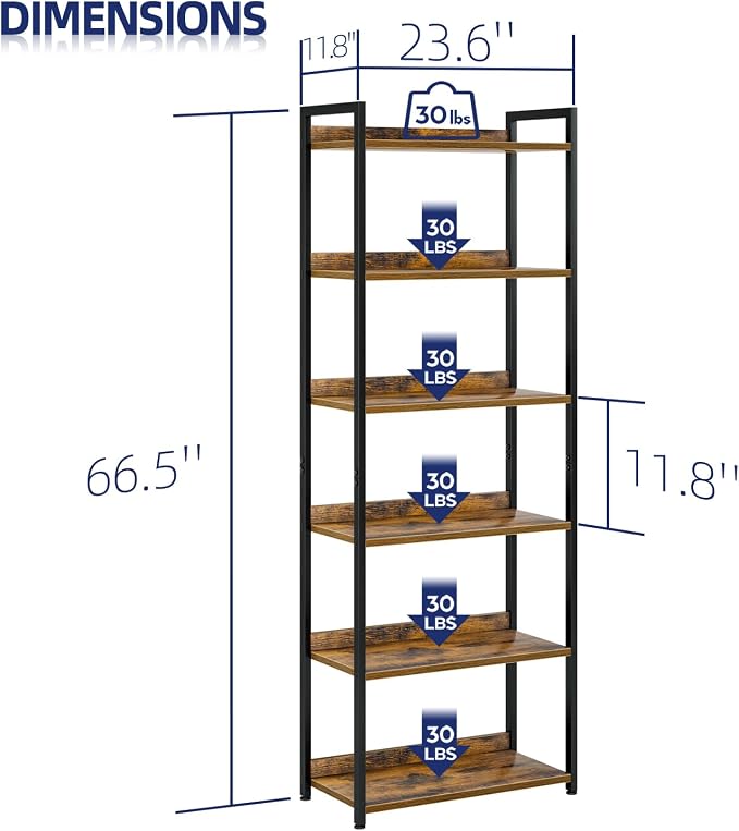 NUMENN Bookshelf, 6 Tier Bookshelves, Home Office Bookcase Shelf Storage Organizer, Free Standing Storage Shelving Unit for Bedroom, Living Room and Home Office, Vintage