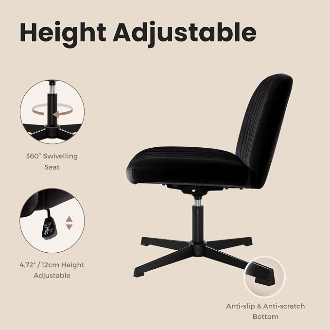 IWMH Criss Cross Chair, Cross Legged Office Chairs no Wheels, Armless Wide Seat Desk Chair with Adjustable Height for Home, Vanity, Bedroom (Black)