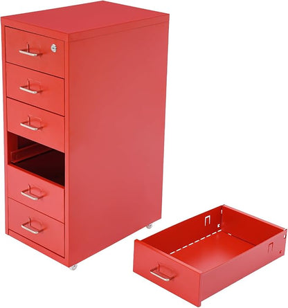 Vertical File Cabinet, 6 Drawers Rolling File Organizer Cabinets with Lock, Heavy Duty Metal Storage Cabinet, Movable Under Desk Filing Cabinet for Office, Study, Dresser (Red)