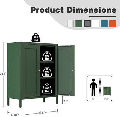 Bevivog Small Bathroom Storage Cabinet, Green Metal Locker Cabinet with 2 Doors and 2 Adjustable Shelves, Metal Floor Cabinets Sideboard for Home Office, Living Room, Hallway, Entryway