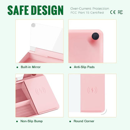 SELEAD Desktop Glass Whiteboard with Wireless Charger Station and Mirror, Dry Erase Board Computer Pad Keyboard Stand with Organizer for Home, School, Office Desk Accessories, Pink