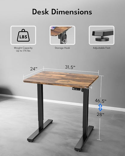 Standing Desk, Height Adjustable Electric Stand up Desk, 31.5 x 24 Inches Sit Stand Home Office Desk with Splice Board, Black Frame/Rustic Brown Top