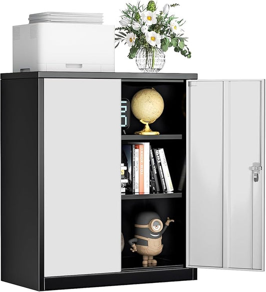 INTERGREAT Metal Garage Storage Cabinet, 36" Lockable Storage Cabinet with 2 Doors and 2 Adjustable Shelves, Steel Grey White File Cabinet Great for Home Office, Garage, Warehouse, Study Room