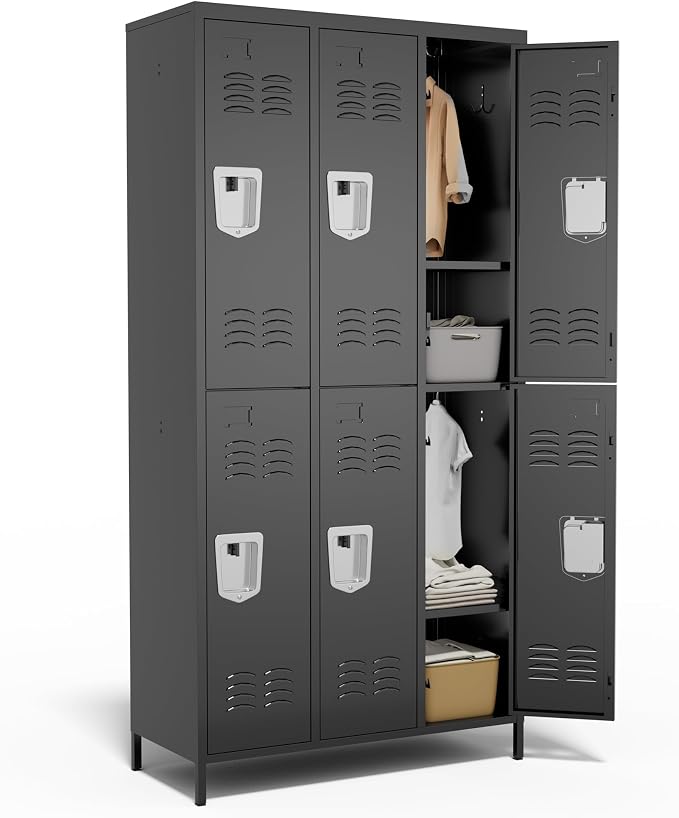 6 Door Metal Lockers for Employees,6 Heavy-Duty Hooks,72" Secure Storage for Home,Offices,Schools & Gyms | Black