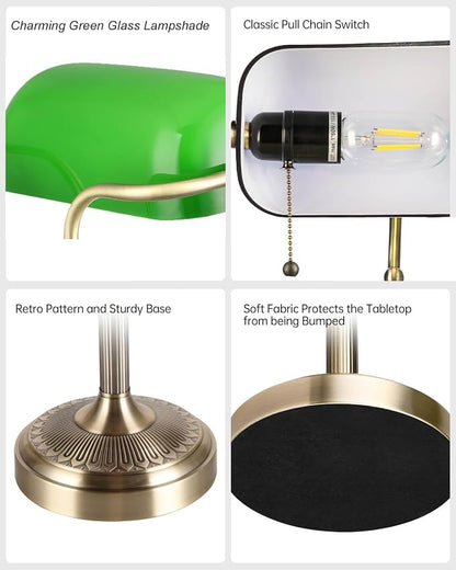 Green Glass Bankers Desk Lamp with Pull Chain Switch Plug in | Fixture for Home Office