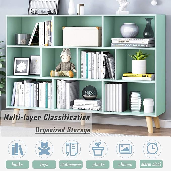 IOTXY Wooden Open Shelf Bookcase - 3-Tier Floor Standing Display Cabinet Rack with Legs, 10 Cubes Kids Bookshelf, Tiffany-Green