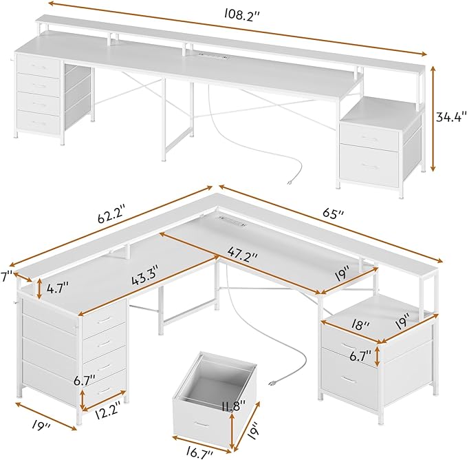SEDETA L Shaped Desk with 6 Drawer, 108" Home Office Desk with File Drawer & Power Outlet, Corner Computer Desk with Monitor Shelf, File Cabinet, Two Person Desk, Gaming Desk with Led Lights, White