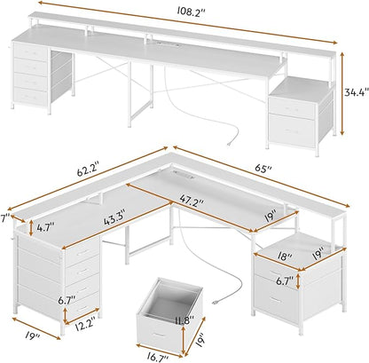 SEDETA L Shaped Desk with 6 Drawer, 108" Home Office Desk with File Drawer & Power Outlet, Corner Computer Desk with Monitor Shelf, File Cabinet, Two Person Desk, Gaming Desk with Led Lights, White