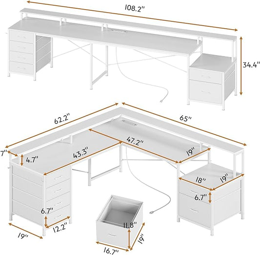 SEDETA L Shaped Desk with 6 Drawer, 108" Home Office Desk with File Drawer & Power Outlet, Corner Computer Desk with Monitor Shelf, File Cabinet, Two Person Desk, Gaming Desk with Led Lights, White